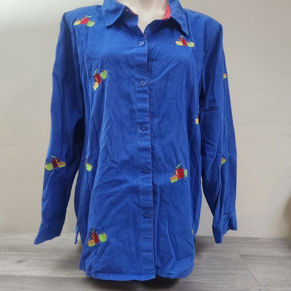 Quacker Factory Blue Shirt Size 1X Corduroy Embroidered Apple Button‎ Down Soft